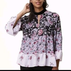 LOFT‎ -589 Floral Print Ruffle Cuff Blouse Top Keyhole Neckline Black Purple XL